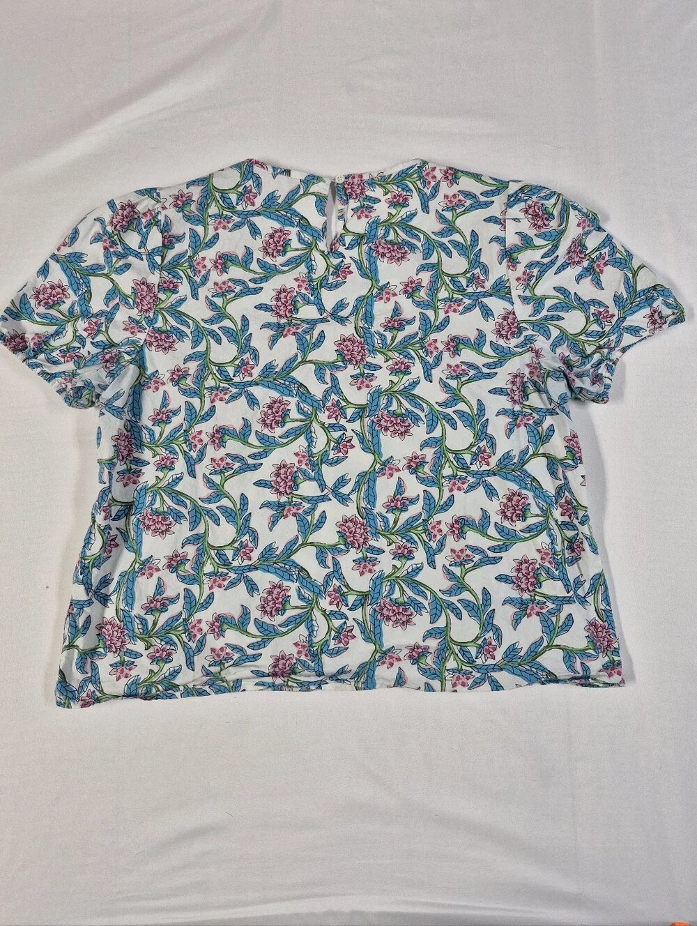 J. Crew BR635 White & Blue Bright Floral Puff Sleeve Blouse Women’s Size Large